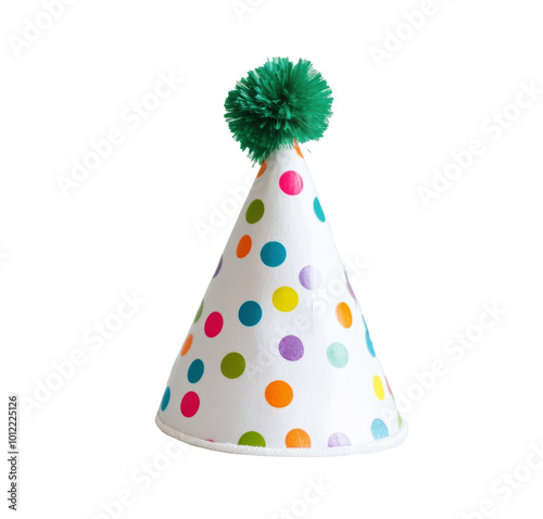 Colorful party hat with pom-pom decoration on a white background for celebrat...