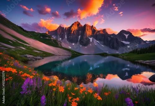 breathtaking serene sunset casting warm glows over majestic mountain peak creating stunning visual landscape, clouds, dusk, evening, horizon, light, rays photo