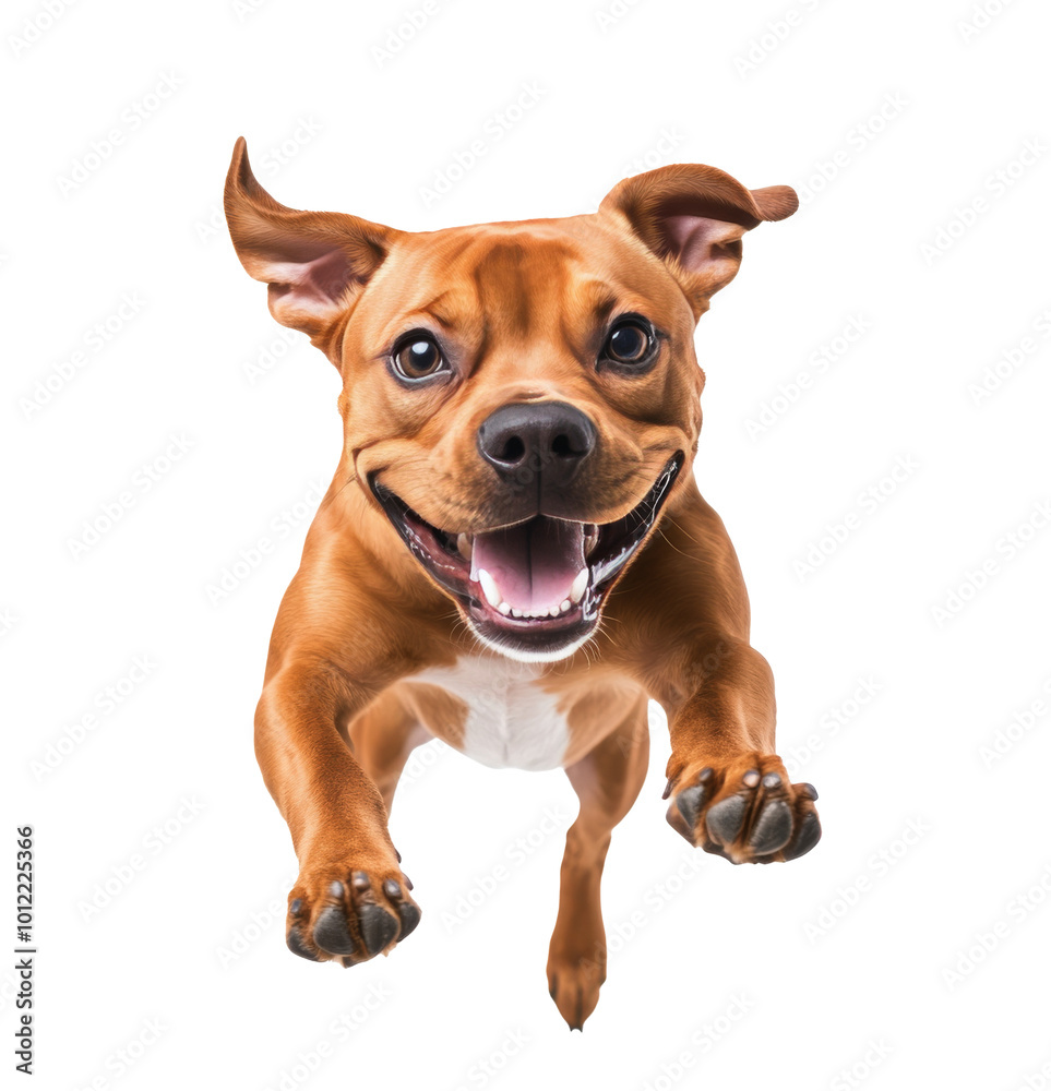 Happy dog playing joyfully while jumping against a white background in an indoor setting