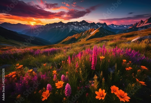 vibrant sunset casting warm hues over majestic mountain peaks expansive natural landscape, adventure, exploring, twilight, scenic, panoramic, view, terrain