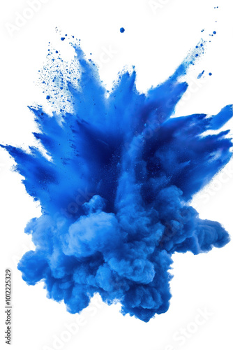 Vibrant blue powder explosion creates an artistic impact against a white back...