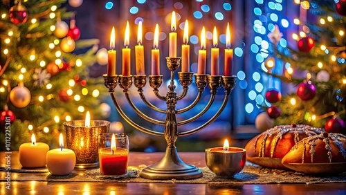 First Night of Hanukkah Celebration with Menorah and Candles Glowing in a Warm, Festive Setting photo