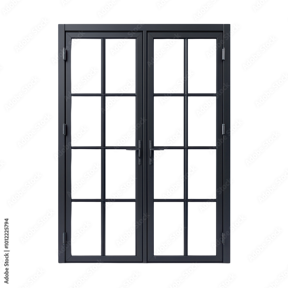 Stylish double door design with grid panes on a white isolated background. isolated on transparent background. Stylish double door design with grid panes on a white isolated background. isolated on transparent background.