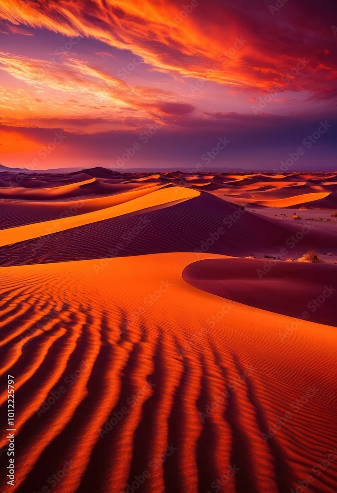 Naklejka premium stunning vibrant sunset over endless expansive desert dunes striking colors textures, sky, landscape, horizon, evening, sand, clouds, light, scenery