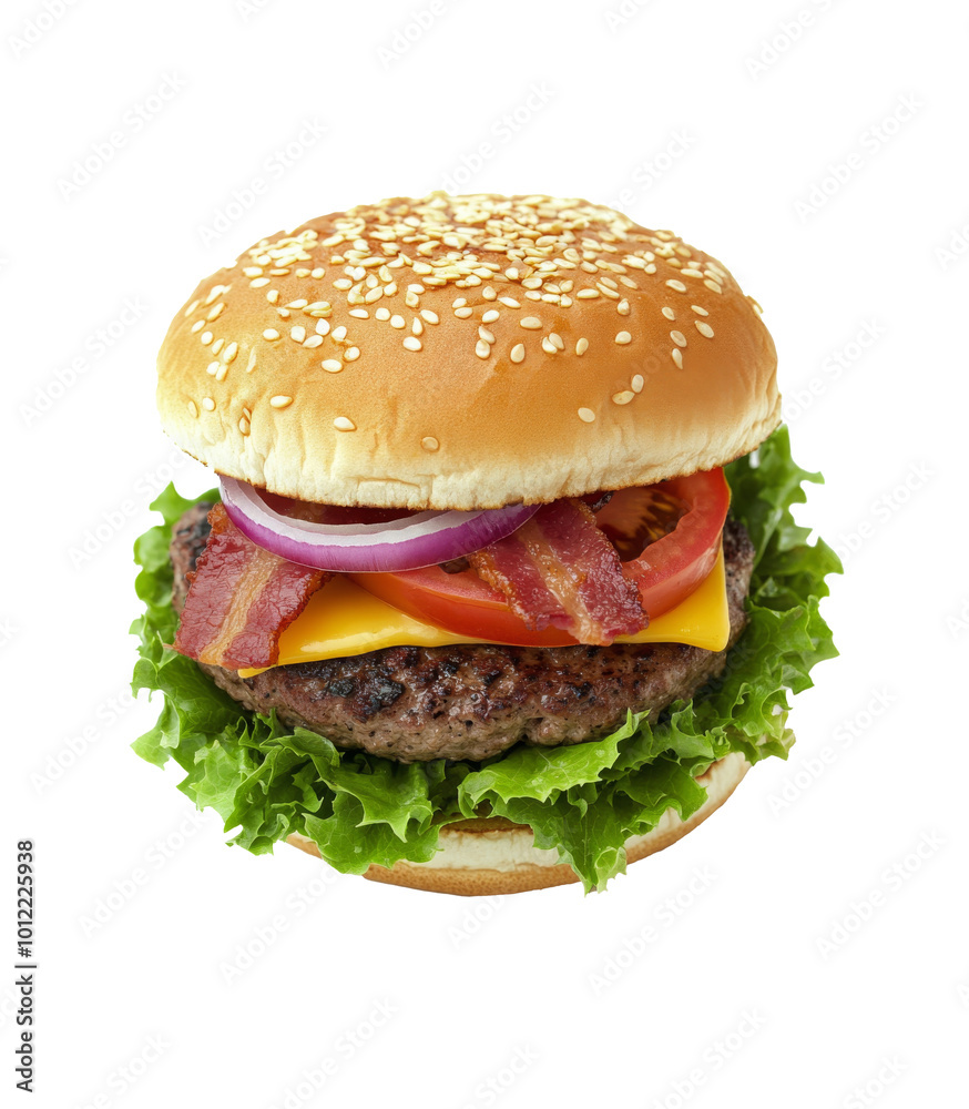 Tasty grilled burger with bacon, cheese, and fresh toppings on a soft bun Tasty grilled burger with bacon, cheese, and fresh toppings on a soft bun