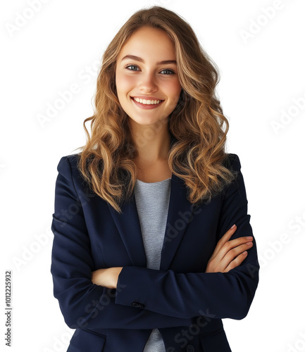 Confident woman with curly hair posing in a business suit against a neutral b...