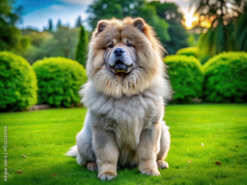 Fluffy gray chow chow sitting gracefully on a green lawn, showcasing its unique coat and expression Fluffy gray chow chow sitting gracefully on a green lawn, showcasing its unique coat and expression