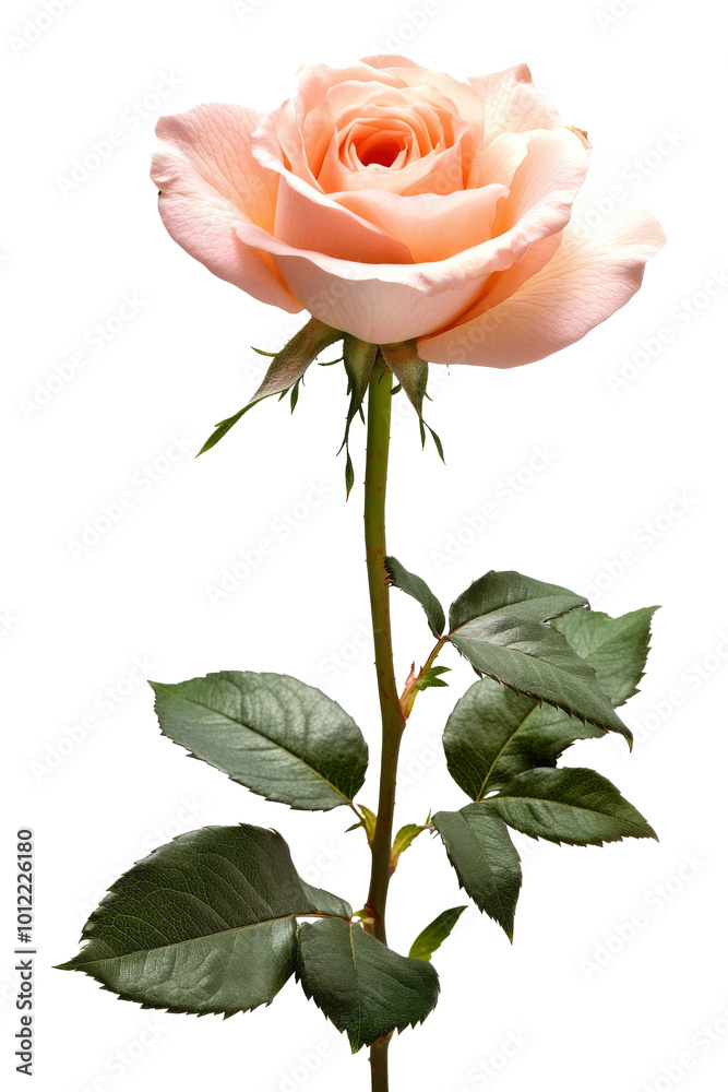 Obraz premium Delicate pink rose with lush green leaves on a long stem against a white background