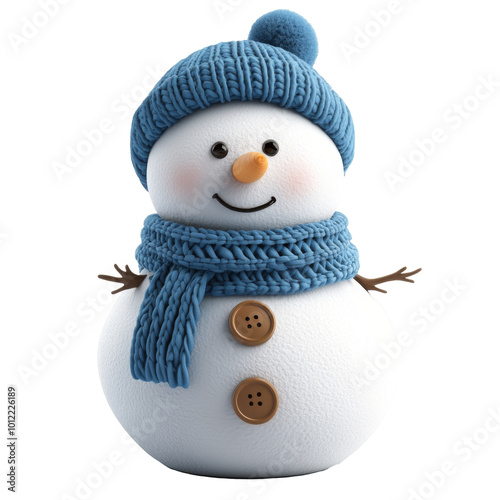 Cheerful snowman wearing a blue knit hat and scarf standing against a neutral...
