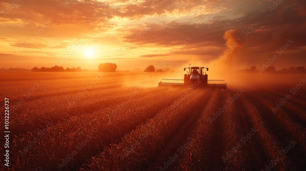 Fototapeta premium A tractor harvests a field of wheat at sunset, kicking up dust in its wake. The sun is setting in the distance, creating a warm glow over the landscape.