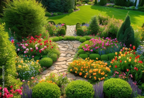 vibrant garden layouts featuring diverse plant arrangements colorful green creative landscaping design elements, landscape, plants, flowers, foliage