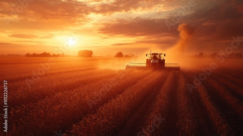 A tractor harvests a field of wheat at sunset, kicking up dust in its wake. The sun is setting in the distance, creating a warm glow over the landscape.