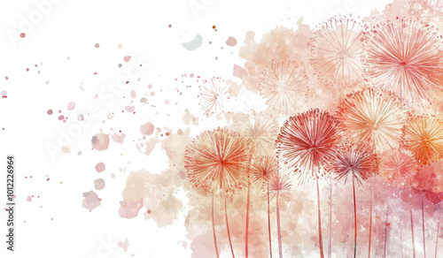Abstract watercolor depiction of colorful dandelion flowers swaying in soft b...