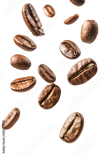 Coffee beans in mid-air showcasing their rich color and texture against a pla...