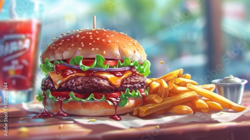Juicy burger with fries and drink at a sunny diner