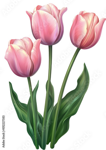 Beautiful pink tulips with green leaves standing gracefully in a vibrant flor...