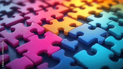 Colorful jigsaw puzzle pieces interlock, forming a cohesive pattern.