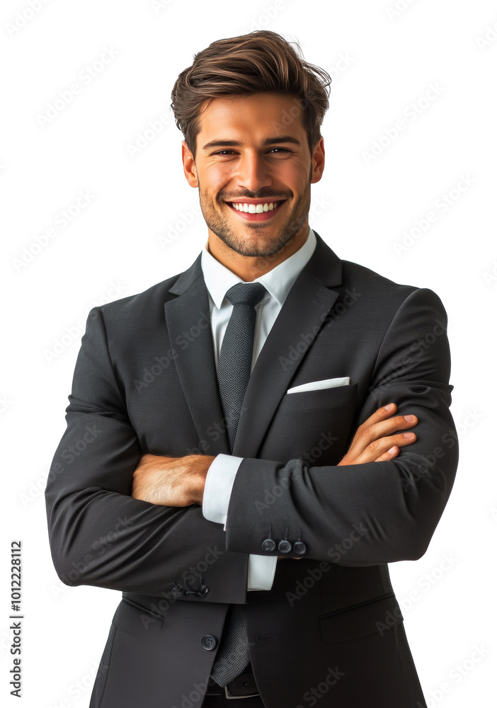 Confident businessman in a suit smiling with arms crossed against a plain background Confident businessman in a suit smiling with arms crossed against a plain background