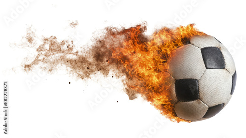 A soccer ball ignites in flames while soaring through the air in a dramatic d...