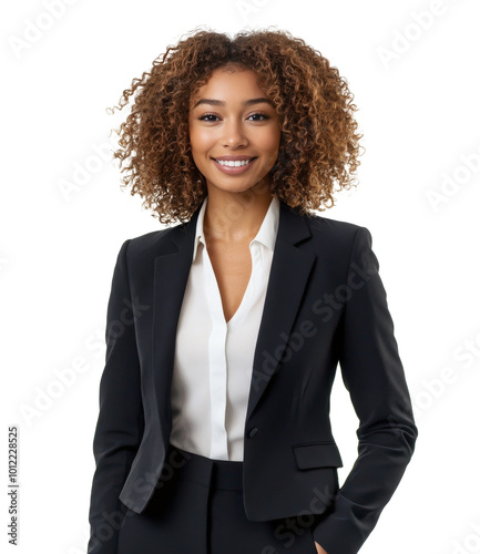 Professional business portrait of a smiling woman in a black suit against a w...