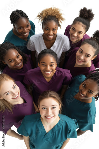 Group of diverse female healthcare professionals smiling together in a well-l...