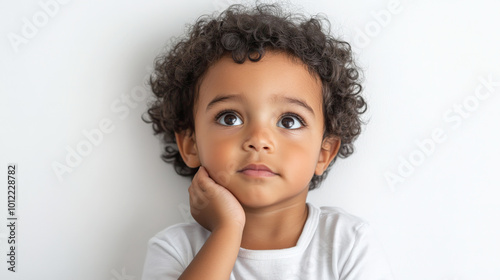 Toddler Brazilian boy deep in thought with hand on chin against a white background.