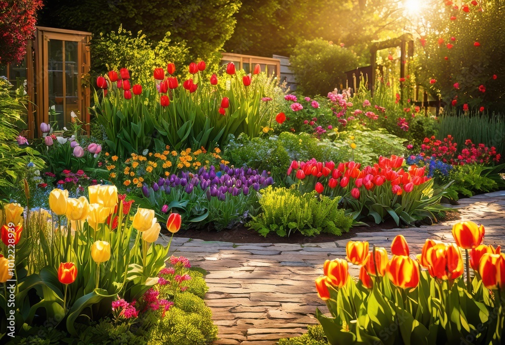 Obraz premium vibrant garden layouts featuring diverse seasonal flowering plants full bloom colorful arrangements inspire new garden designs, flowers, blooming, planting