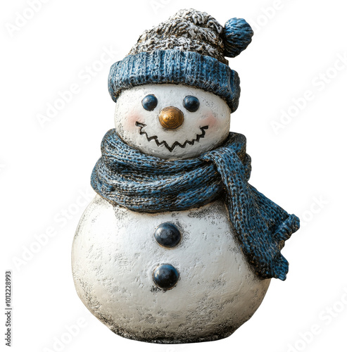 Cheerful snowman wearing a blue scarf and hat with snowflake designs in winte...