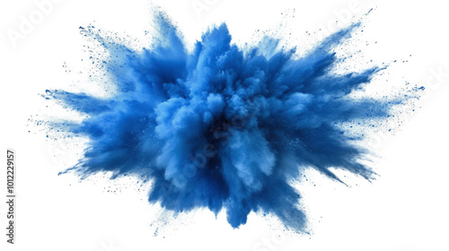 Bright blue explosion of powder creating dynamic cloud effects in a clear bac...