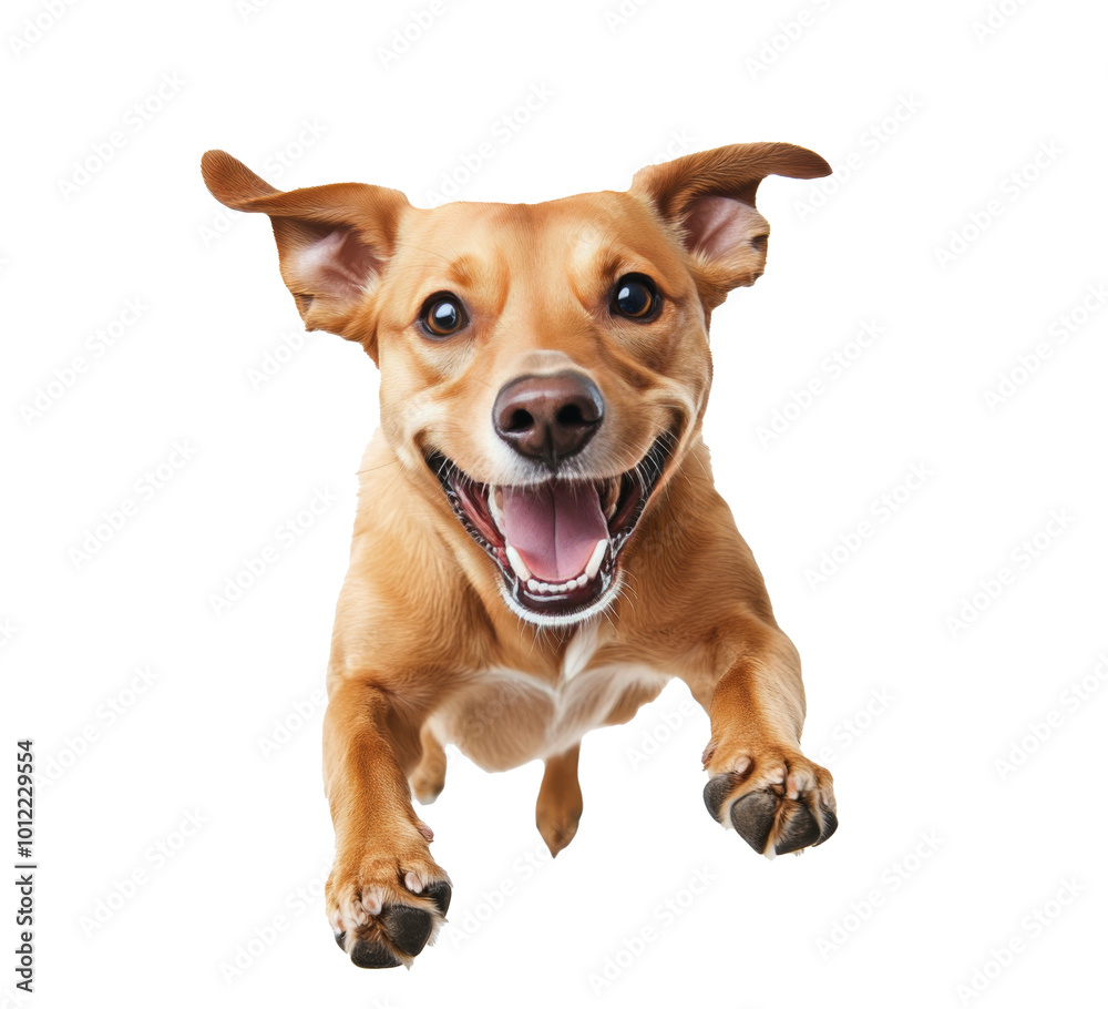 Happy dog playing joyfully while jumping against a white background in an indoor setting Happy dog playing joyfully while jumping against a white background in an indoor setting