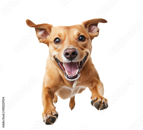 Happy dog playing joyfully while jumping against a white background in an ind...
