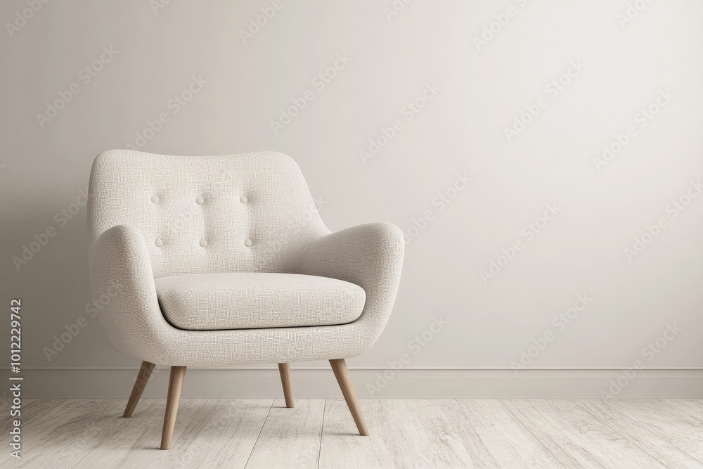 A modern Scandinavian armchair with robust wooden legs showcased in a minimalistic living area. The neutral hues and spacious layout emphasize the beauty of simplicity, with subtle decorative accents A modern Scandinavian armchair with robust wooden legs showcased in a minimalistic living area. The neutral hues and spacious layout emphasize the beauty of simplicity, with subtle decorative accents