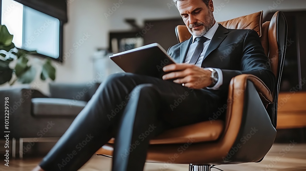 A business leader reviewing reports on a tablet while seated in a luxurious office chair A business leader reviewing reports on a tablet while seated in a luxurious office chair