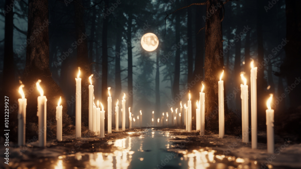 Mysterious moonlit forest scene with glowing candles lined along reflective path. Mist and shadows creating surreal and magical ambiance. Witchcraft, rituals, Halloween themes Mysterious moonlit forest scene with glowing candles lined along reflective path. Mist and shadows creating surreal and magical ambiance. Witchcraft, rituals, Halloween themes