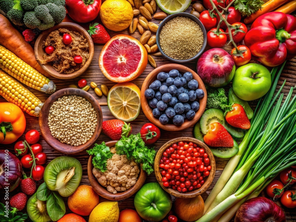 Fresh and Colorful Healthy Food Arrangement Featuring Vegetables, Fruits, Nuts, and Whole Grains Fresh and Colorful Healthy Food Arrangement Featuring Vegetables, Fruits, Nuts, and Whole Grains