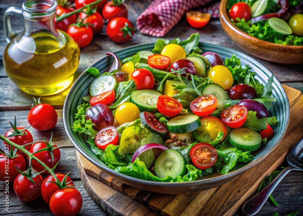 Fresh and Colorful Salad with Mixed Greens, Cherry Tomatoes, Cucumbers, and Olive Oil Dressing Fresh and Colorful Salad with Mixed Greens, Cherry Tomatoes, Cucumbers, and Olive Oil Dressing
