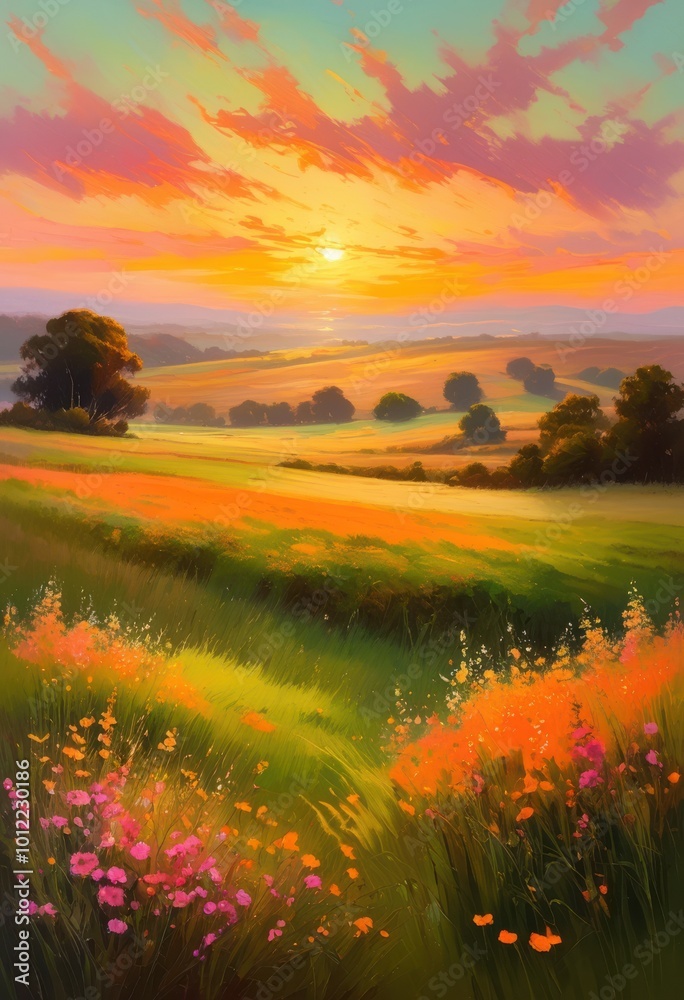 Obraz premium stunning glowing sunrise illuminates peaceful rural meadows vibrant colors crisp morning air, alpenglow, ambiance, backlight, beauty, bright, brightcolors