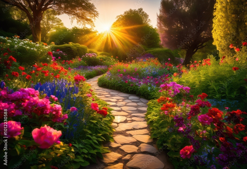 Fototapeta premium enchanting lush green pathways winding through vibrant flower gardens bursting colorful blooms, nature, flowers, blossoms, landscape, greenery, foliage