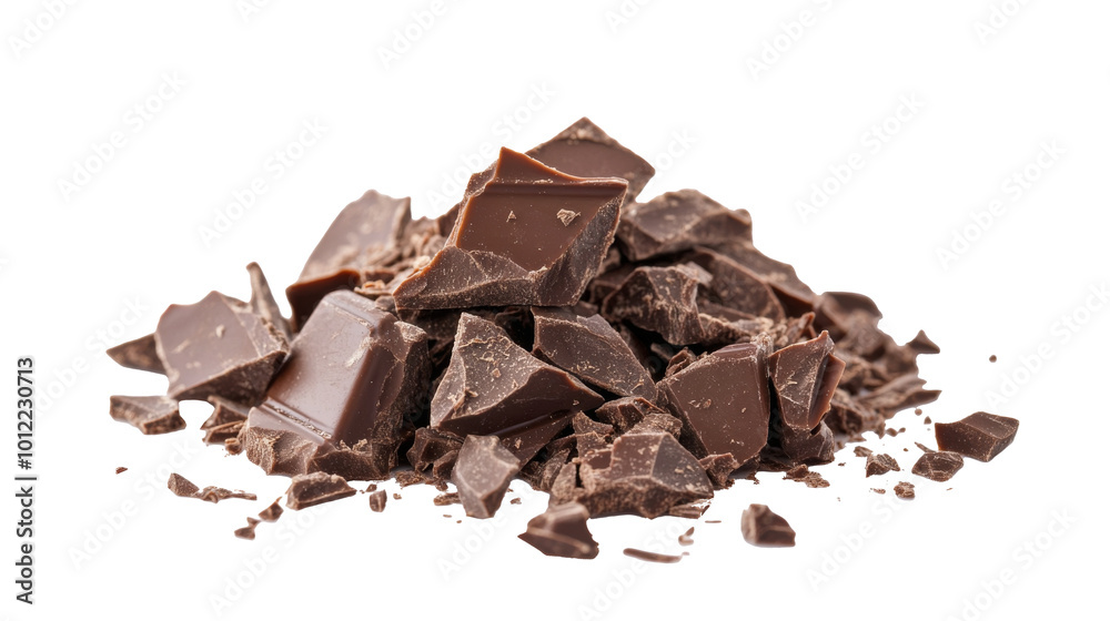 Delicious chunks of dark chocolate scattered on a clean white background ready for baking treats Delicious chunks of dark chocolate scattered on a clean white background ready for baking treats