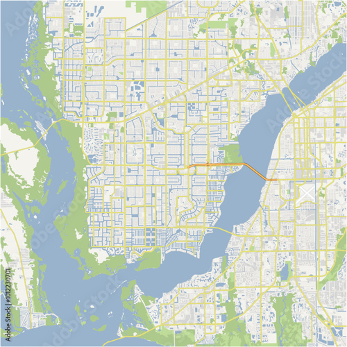 Map of Cape Coral in Florida in a normal road map style. Contains layered vector with roads water, parks, etc.