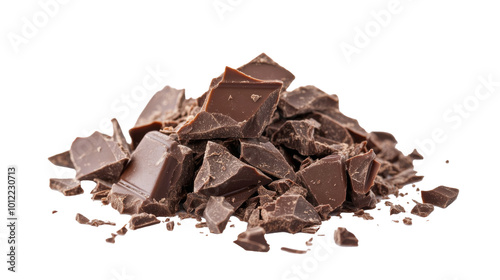 Delicious chunks of dark chocolate scattered on a clean white background read...