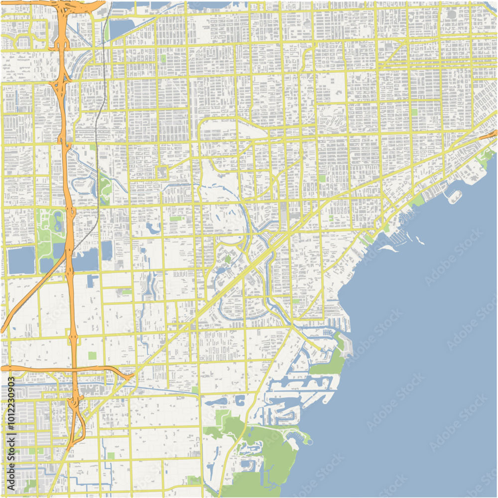 Map of Coral Gables in Florida in a normal road map style. Contains layered vector with roads water, parks, etc. Map of Coral Gables in Florida in a normal road map style. Contains layered vector with roads water, parks, etc.