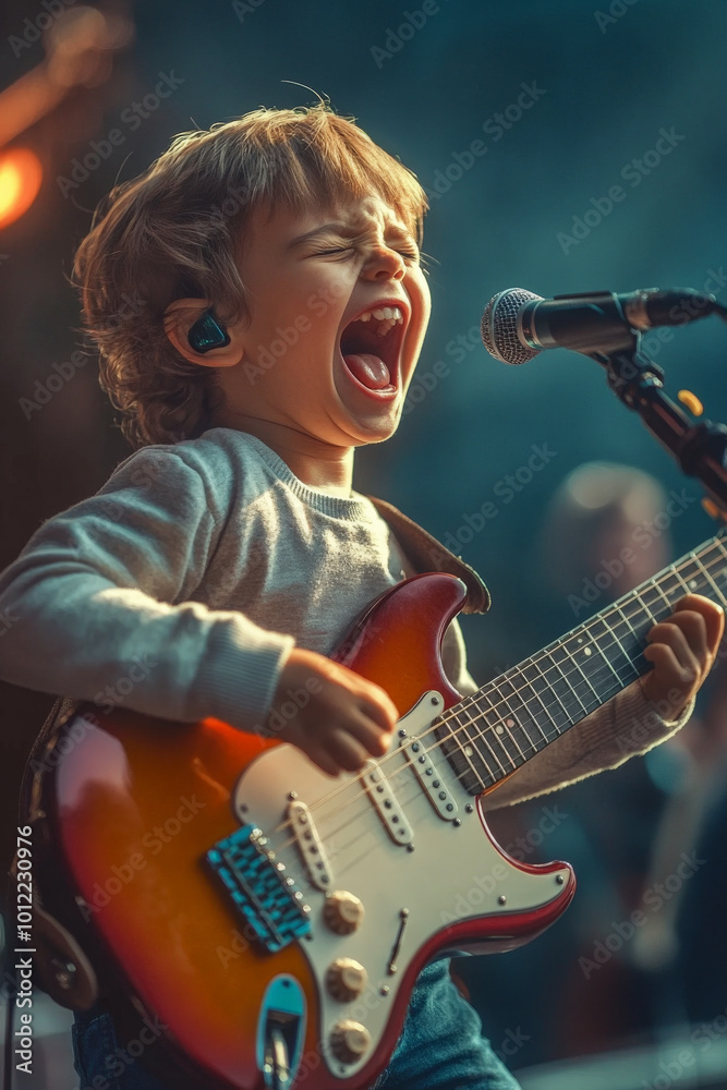 Obraz premium A child with bright eyes joyfully playing an electric guitar on a stage, singing with passion. The excitement of the crowd can be felt in the air, capturing the thrill of performing.