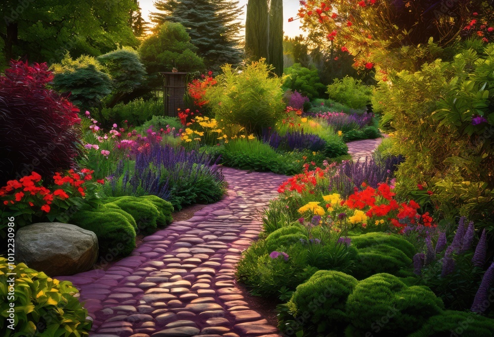 Obraz premium exploring vibrant garden pathways surrounded lush greenery diverse plant life serene outdoor setting, arbor, arrangement, bed, biodiversity, botanical, canopy