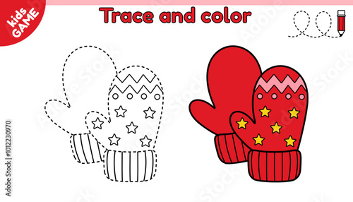 Kids educational game Tracing lines. Cartoon winter mittens. Trace and color. Handwriting practice worksheet for children education. Writing and coloring page. Vector illustration for activity book.