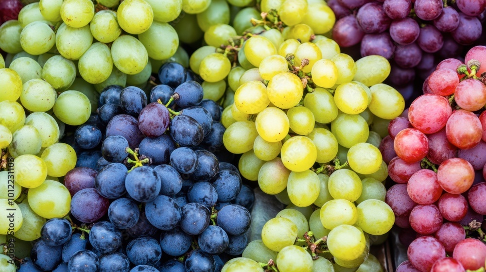 A close-up of different varieties of grapes--green, purple, and red--arranged in a market stall. A close-up of different varieties of grapes--green, purple, and red--arranged in a market stall.