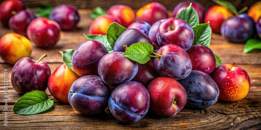 Fresh and Juicy Color Plum on a Wooden Background with Natural Lighting and Vibrant Colors Displayed Fresh and Juicy Color Plum on a Wooden Background with Natural Lighting and Vibrant Colors Displayed