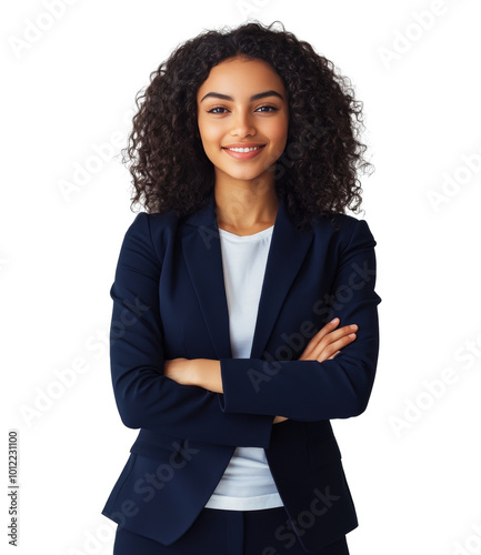 Confident businesswoman in a formal suit standing with arms crossed against a...