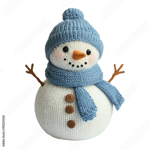 Cheerful snowman wearing a blue knit hat and scarf standing against a neutral...