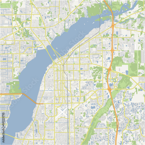 Map of Fort Myers in Florida in a normal road map style. Contains layered vector with roads water, parks, etc.